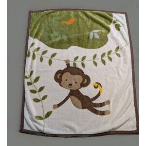 Cocalo Monkey Baby Blanket Green Tree Orange Bird Throw Brown Trim Plush Fleece